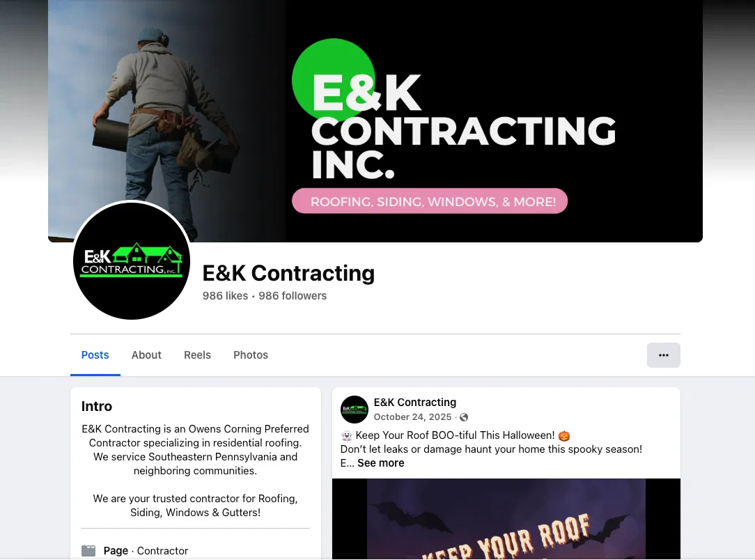 Screenshot of the E&K Contracting Facebook page