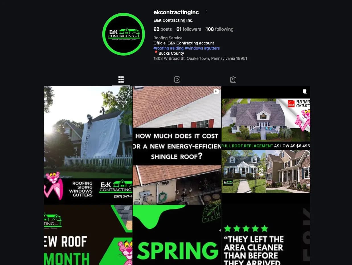 Screenshot of the E&K Contracting Instagram profile