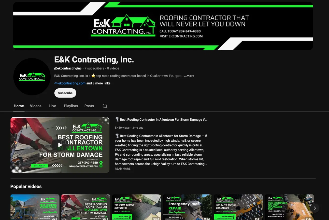Screenshot of the E&K Contracting YouTube channel